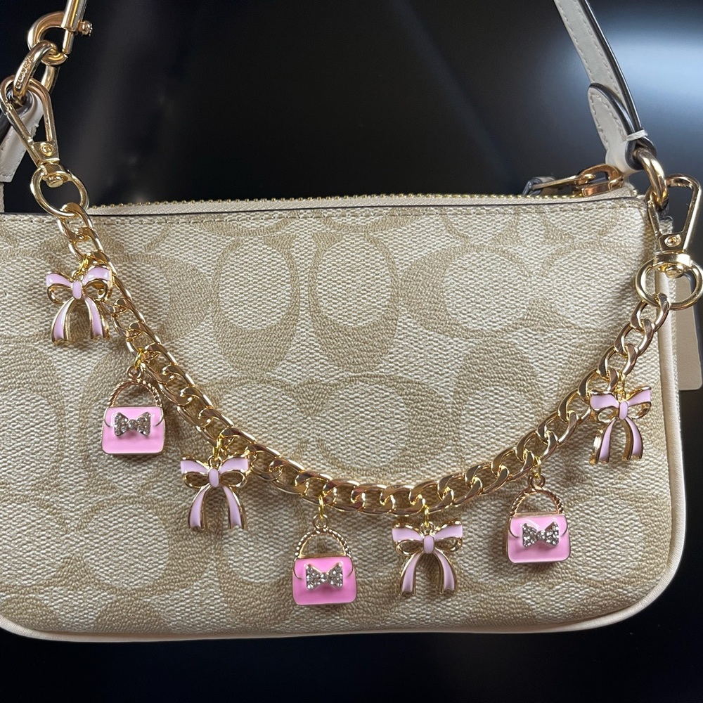 Bag Charm Chain in Gold Tone with Pink Purse and Bow Tie Charms